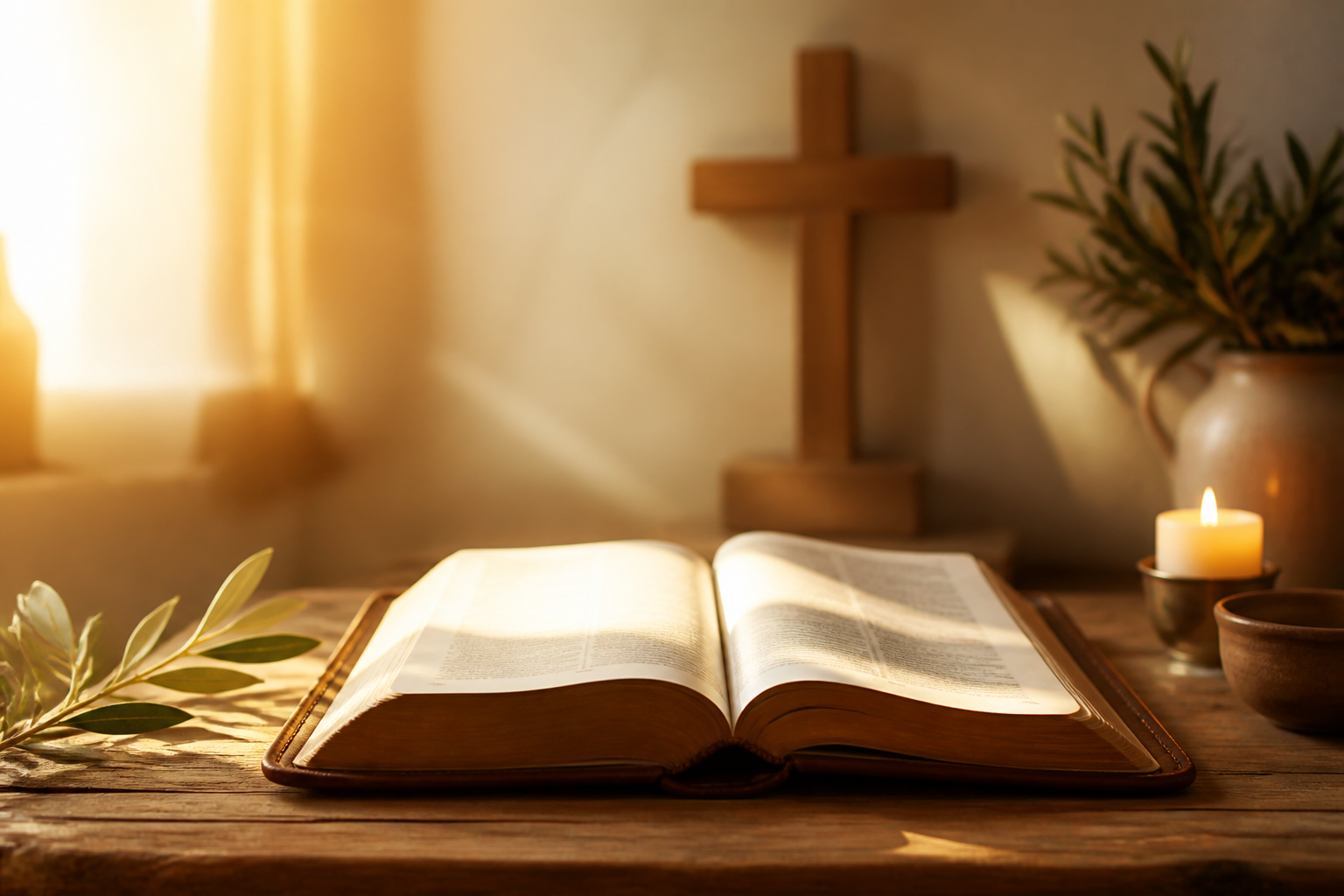 Open Bible and cross reflecting biblical core values of faith, compassion, and service